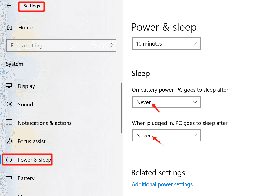 Windows sleep settings