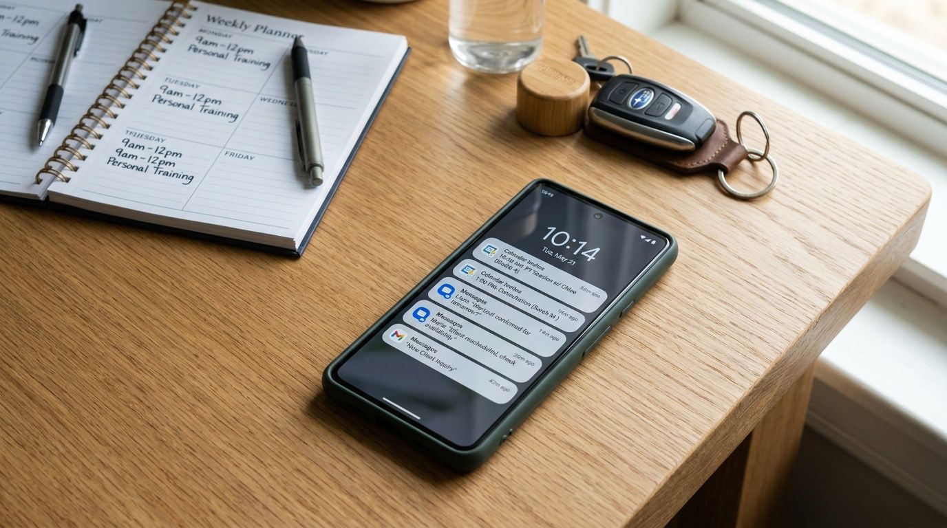 A smartphone, planner, and car keys are laid out on a wooden desk for home office planning.