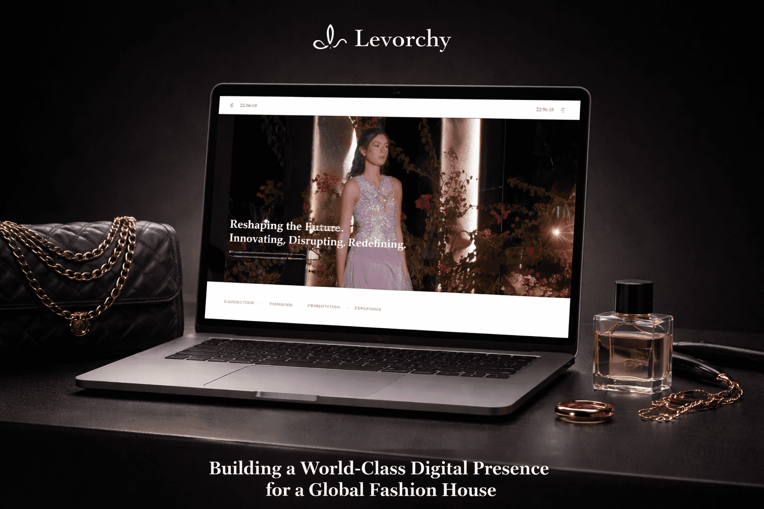  Luxury fashion brand Levorchy website displayed on a laptop with elegant accessories, showcasing a premium fashion e-commerce design.