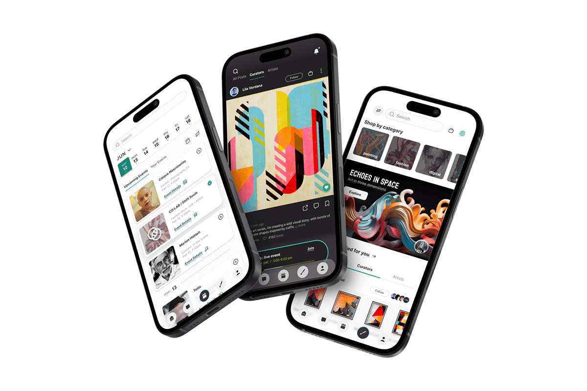 Three iPhones showcasing a home feed, event calendar and marketplace illustrating the app's role in connecting artists and patrons.