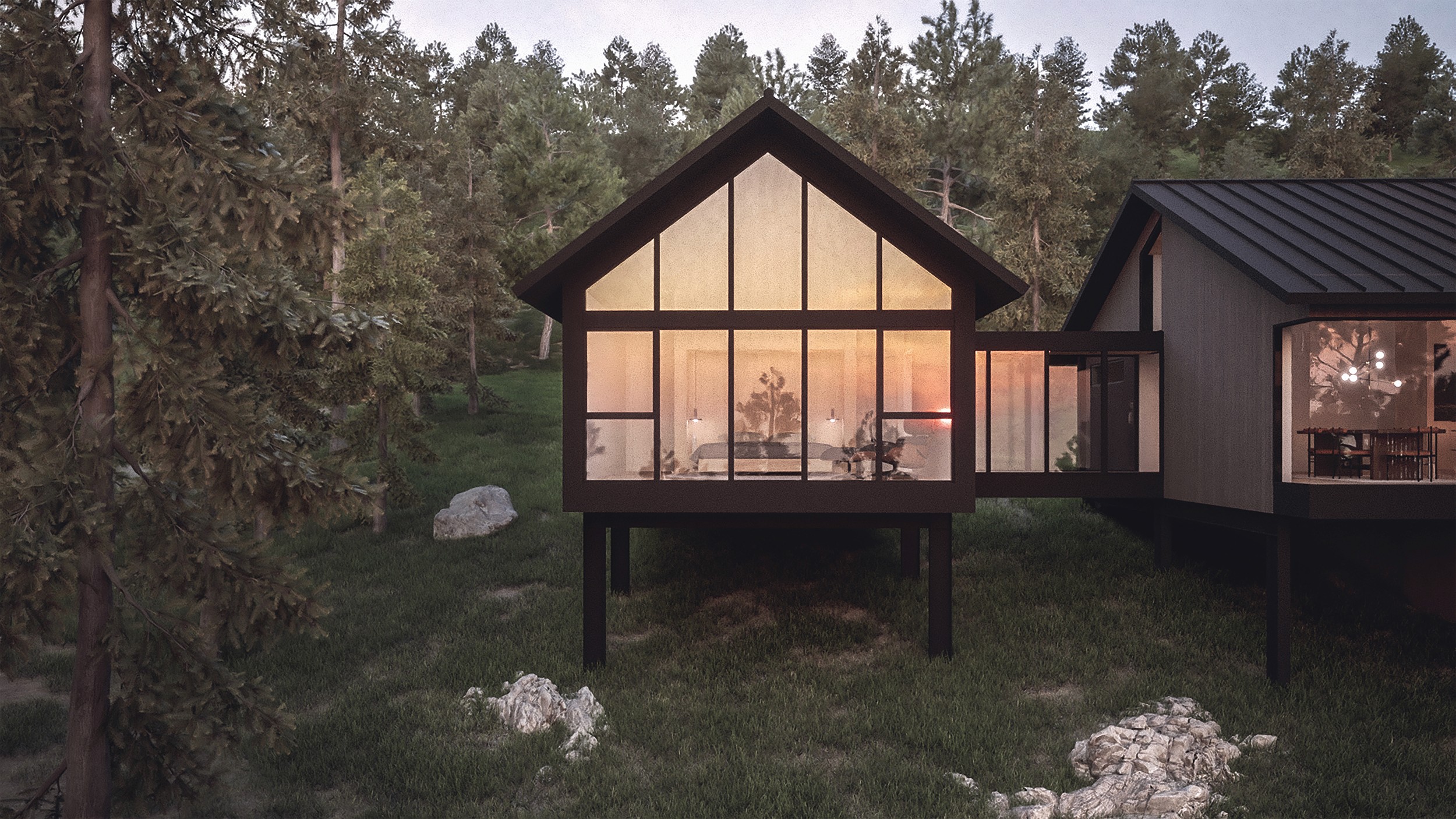 Architectural rendering of an exterior straight-on view of the gable end addition and glass bridge.