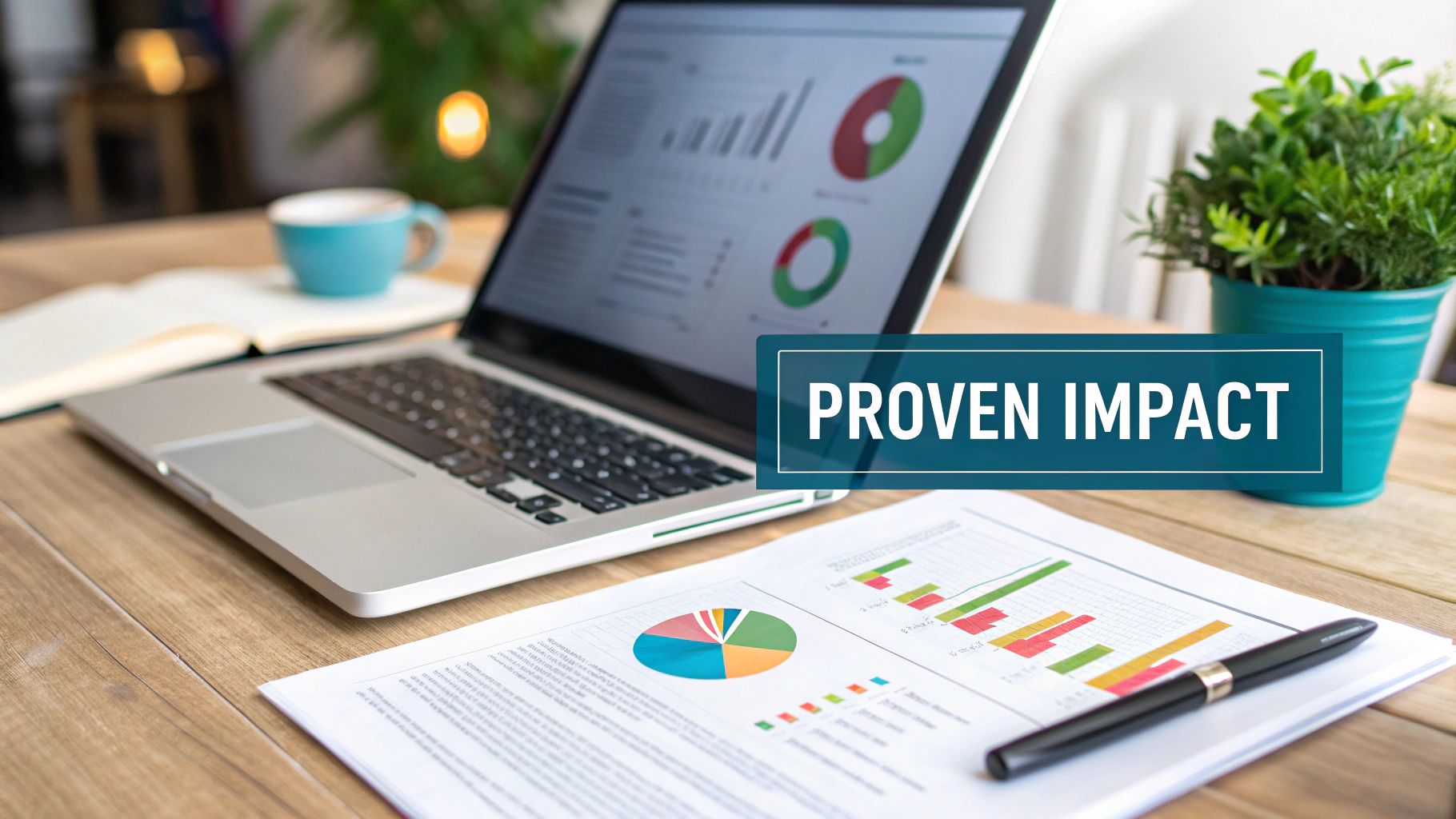 A laptop screen showing charts and a document with graphs on a wooden desk, with 