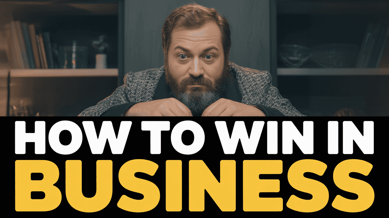 Alex Hormozi-style business advice thumbnail with intense close-up face and HOW TO WIN IN BUSINESS text