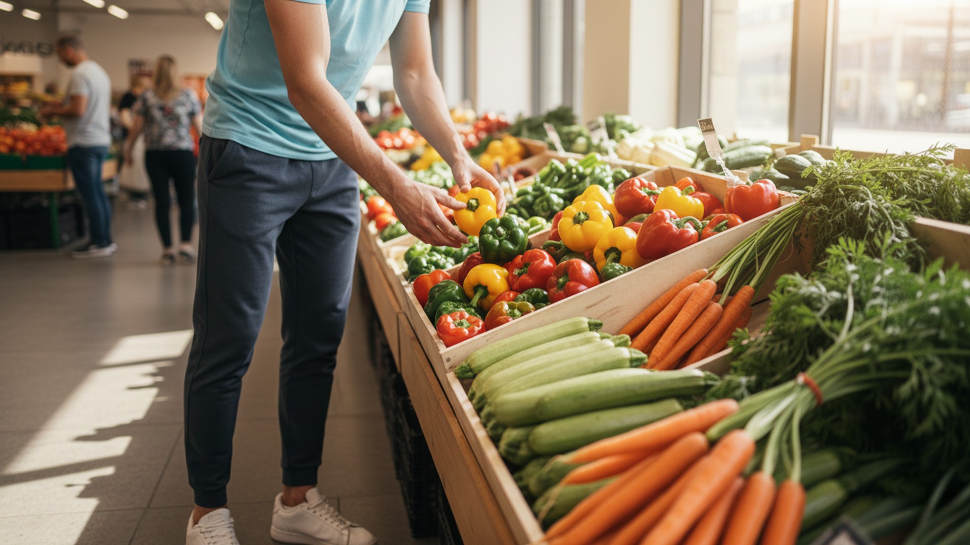 Eine Person im Supermarkt oder auf dem Markt wählt frische Paprika aus – im Vordergrund Zucchini, Karotten und weiteres buntes Gemüse