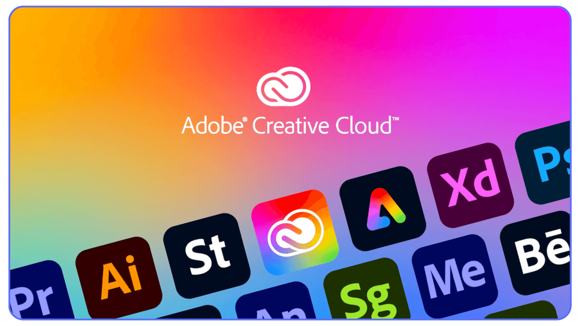 Adobe Creative Cloud logo with colorful icons of Adobe apps like Photoshop, Illustrator, Premiere Pro, and After Effects.
