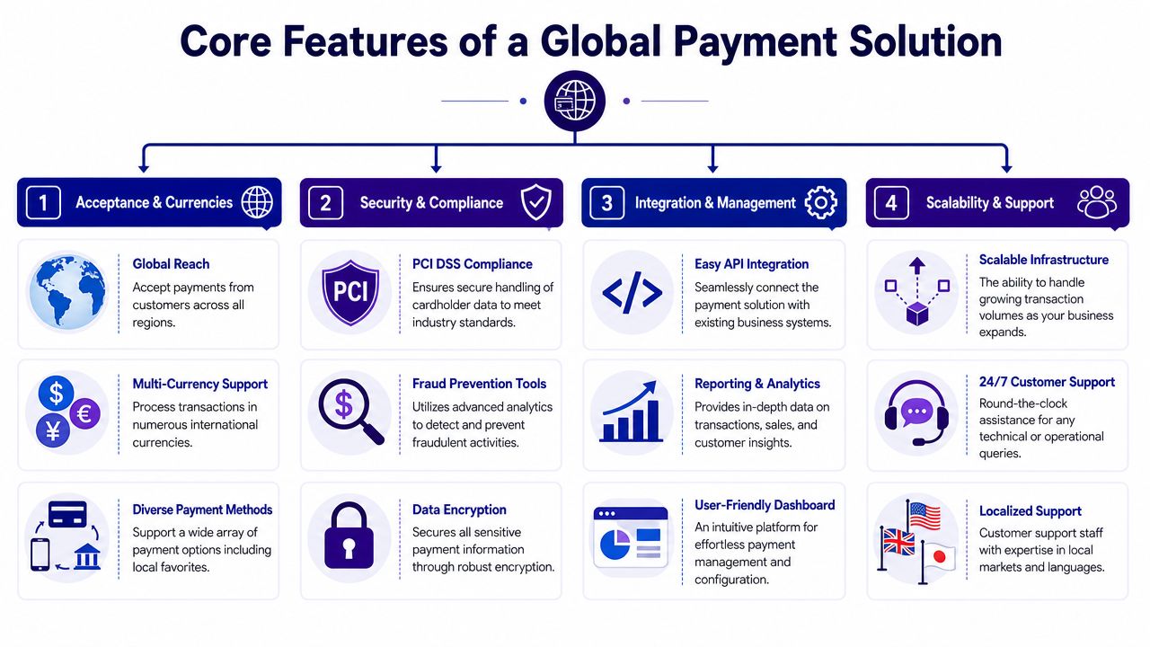 An infographic detailing four core features of a global payment solution: acceptance, security, integration, and scalability.