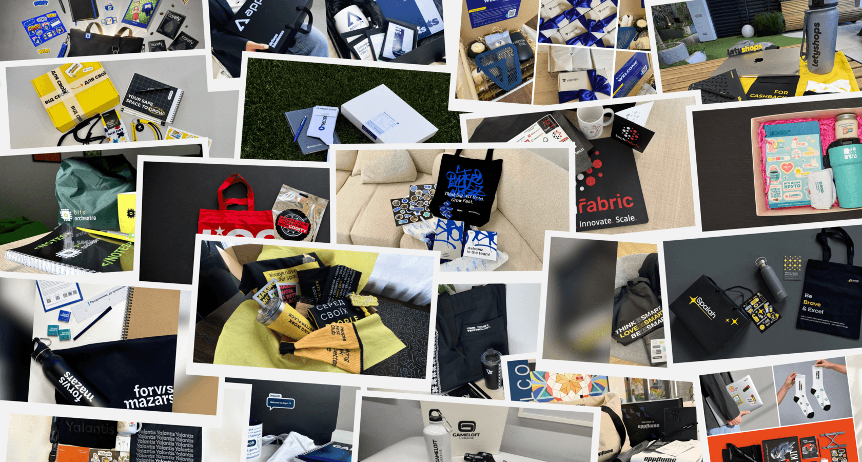 Ілюстрація до статті «Як зустрічають новачків у 2026: 22 ідеї welcome packs від українських компаній»: колаж welcome-наборів із брендованими сумками, коробками, одягом, блокнотами й наліпками