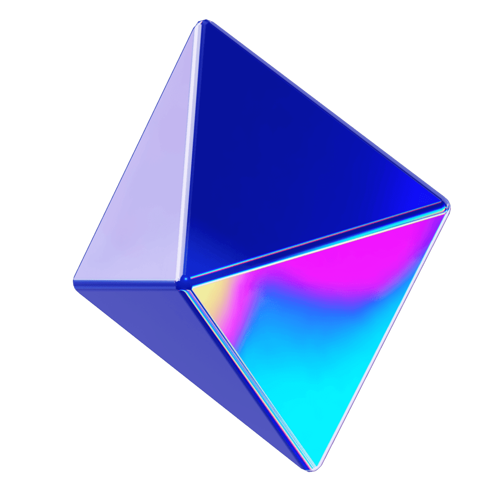 A colorful, stylized 3D polyhedron with shades of blue, purple, and a hint of iridescent colors.