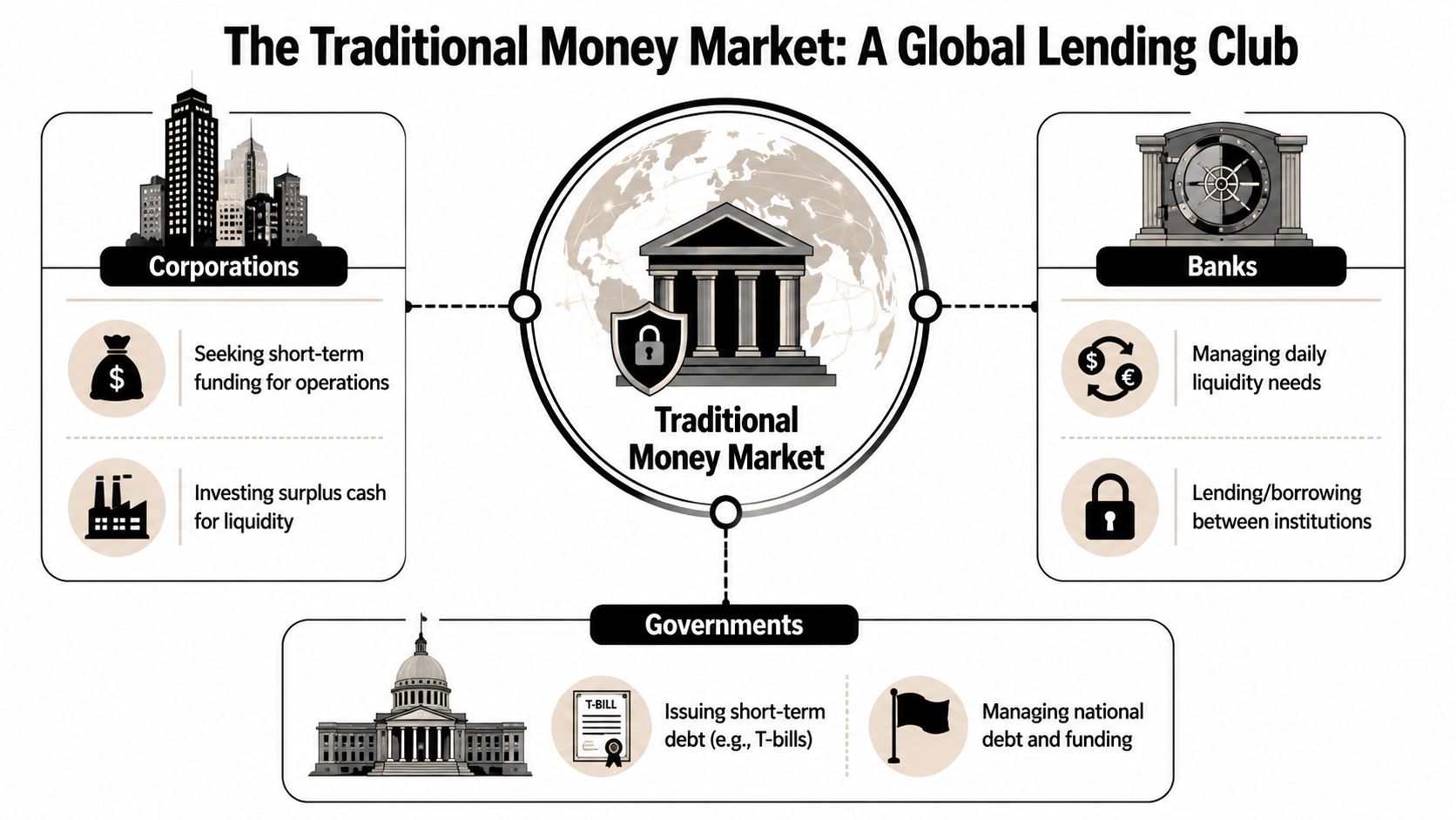 A diagram illustrating the traditional money market involving corporations, banks, and governments as key participants.
