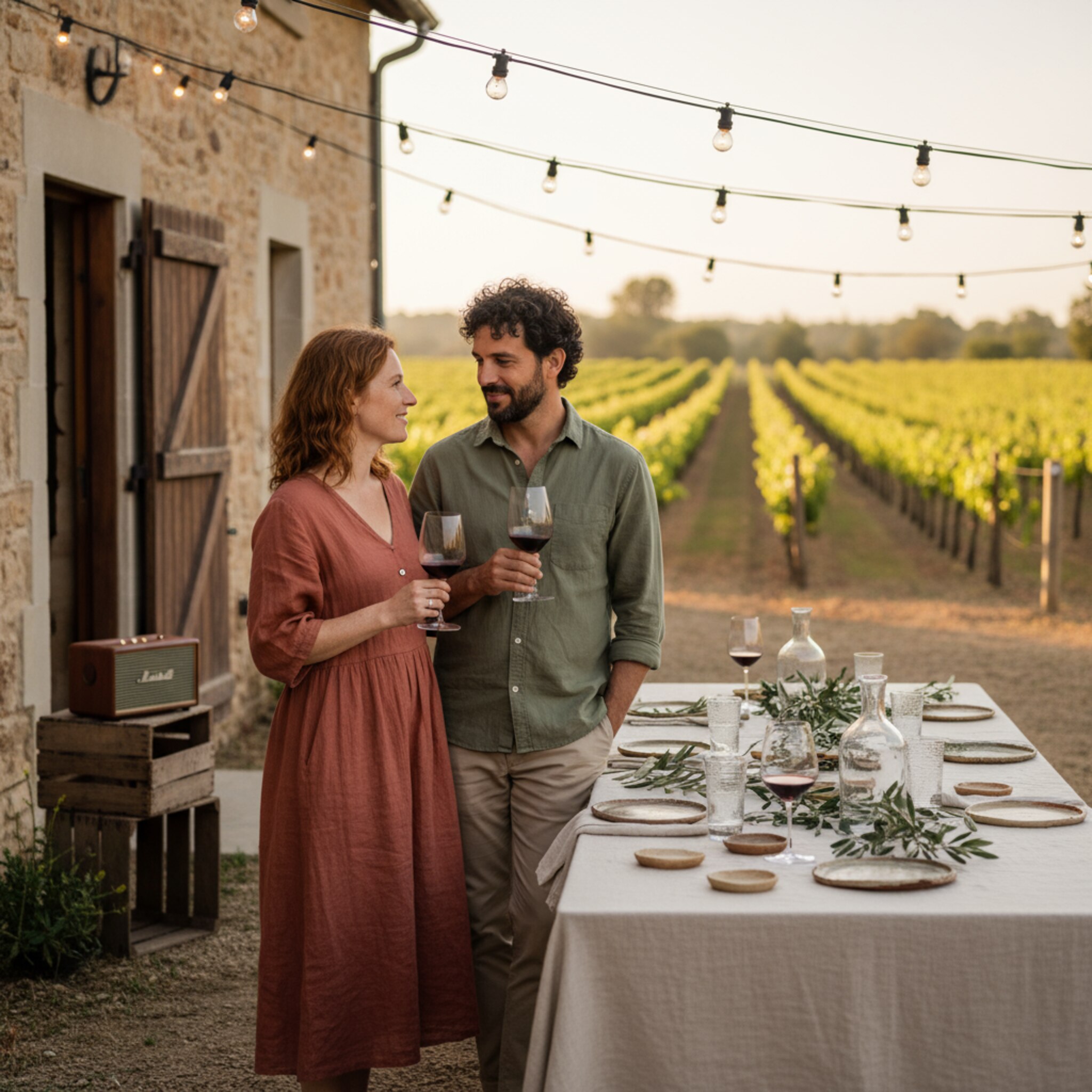 Zwischen Reben und Hofmauer sind festliche Lichterketten gespannt. Ein rustikaler Tisch ist mit Leinen, Olivenzweigen und gläsernen Karaffen gedeckt. Ein Paar probiert Rotwein, während im Hintergrund leise Musik spielt. Die Abendluft ist warm, es liegt Feierlaune in der Luft.