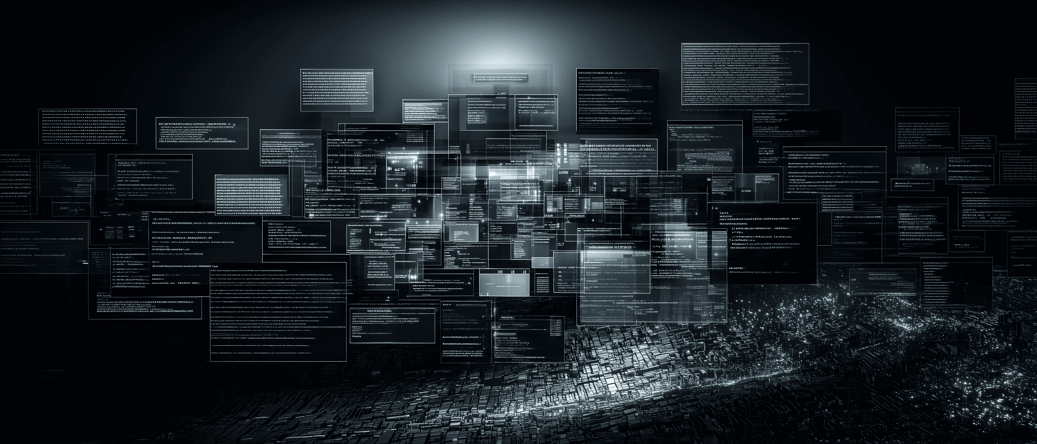 Dark digital landscape with layered floating data panels and glowing structured interface blocks rising over a networked terrain, representing governed shipment and decision APIs for enterprise logistics execution.