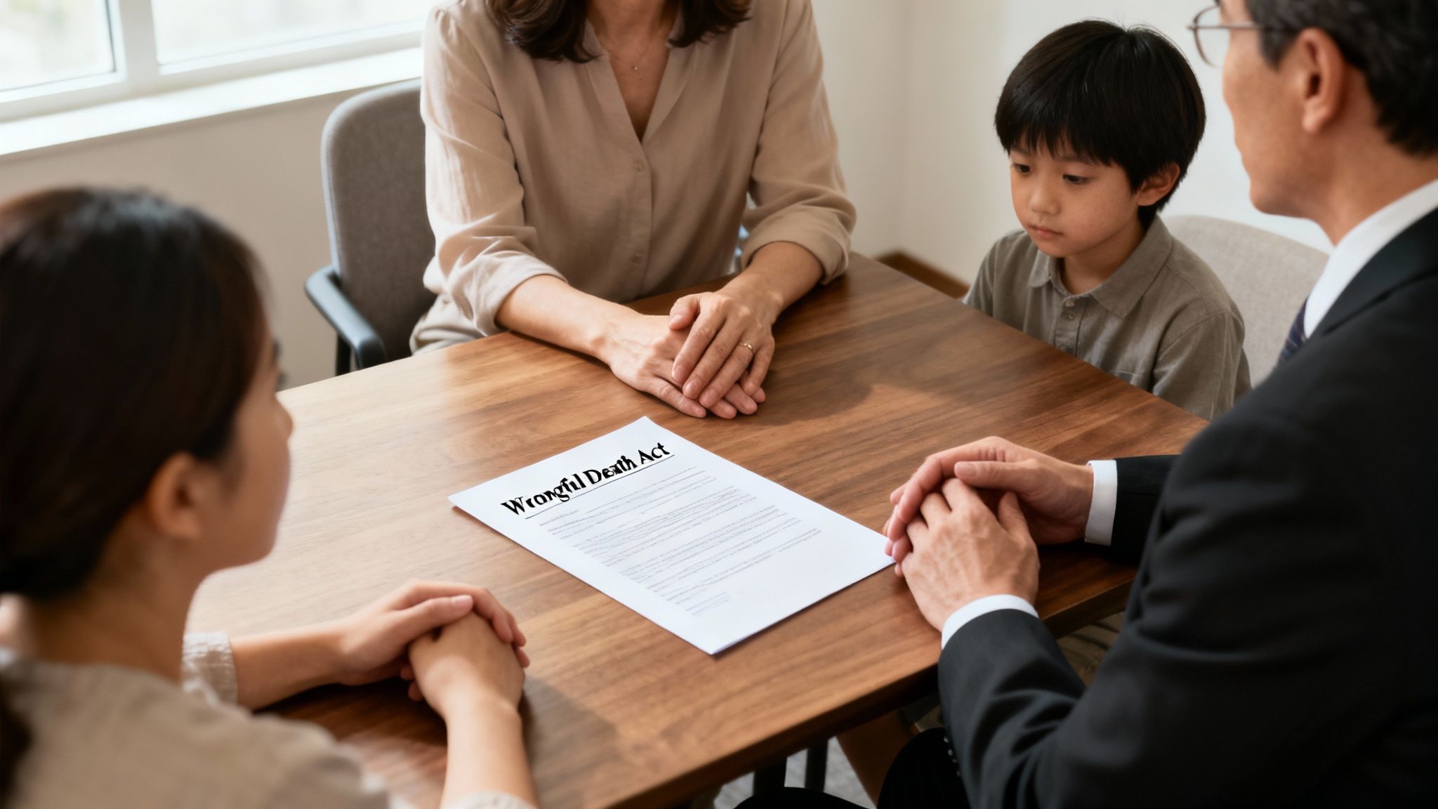 A family, including a child, consults with a lawyer about a 'Wrongful Death Act' document.