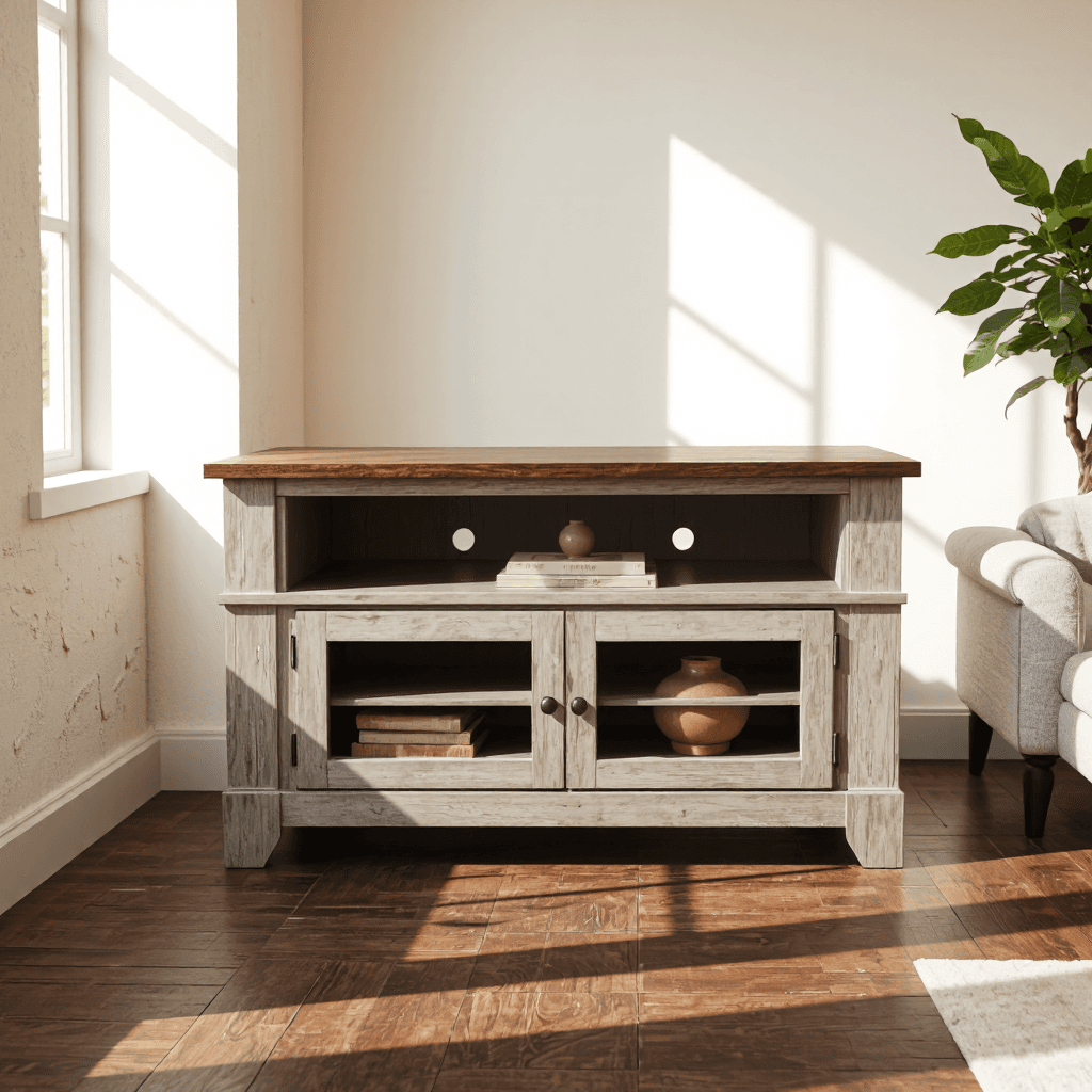 product photography of a wooden TV stand with storage compartments