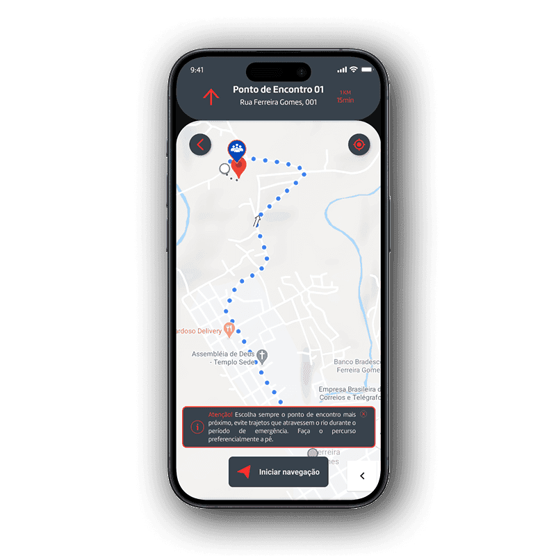 UI do App Alerta Individual exibindo um mapa com rota de fuga para o ponto de encontro mais próximo