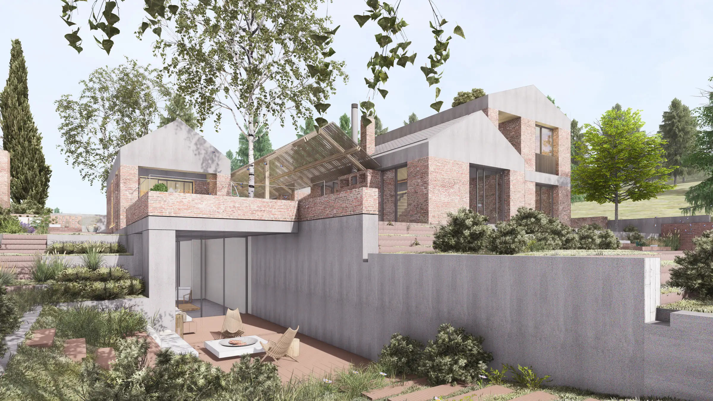 Villas above a concrete retaining wall with seating on the lower terrace