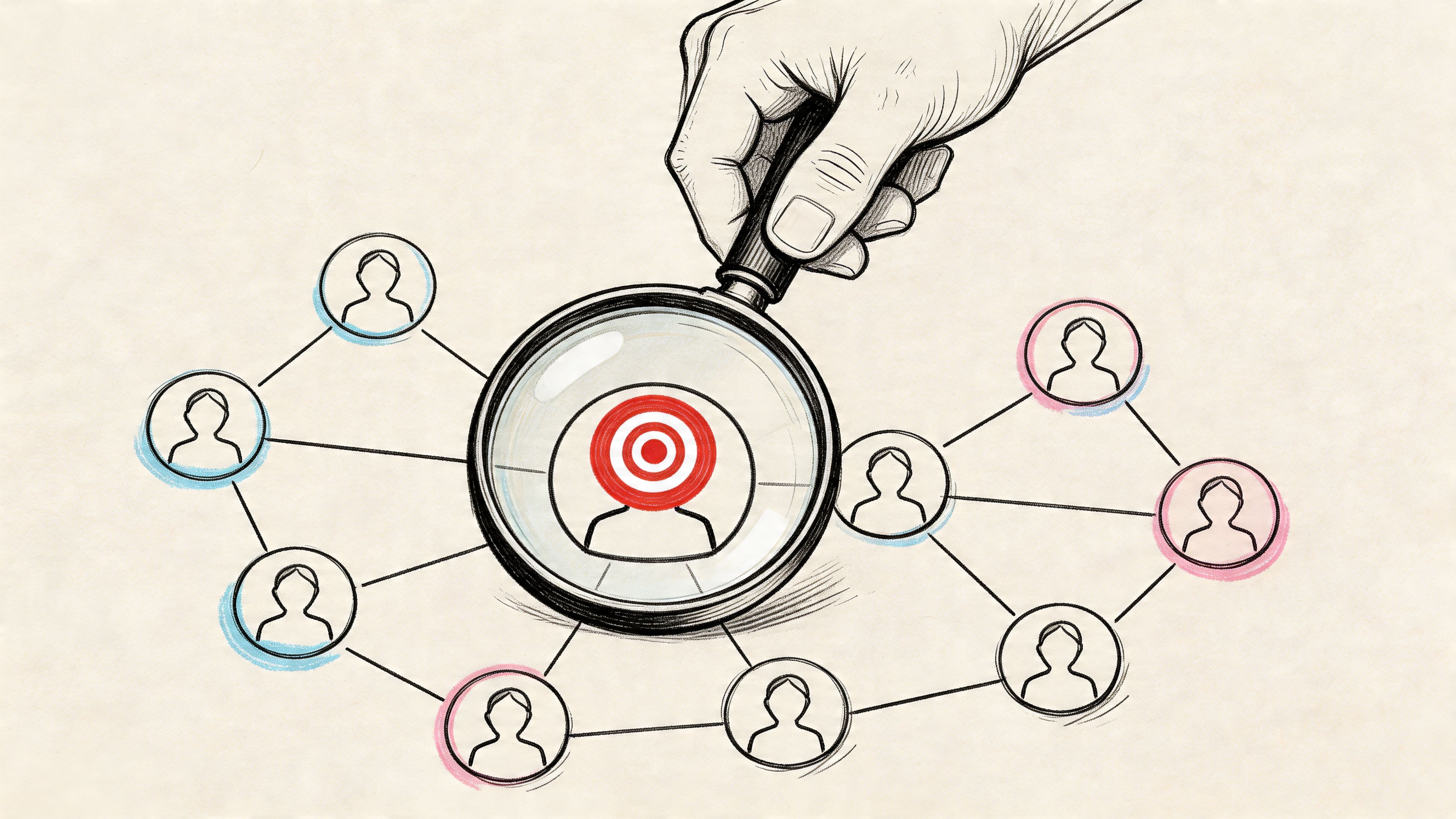 A hand holding a magnifying glass over a target person connected to a network of individuals.