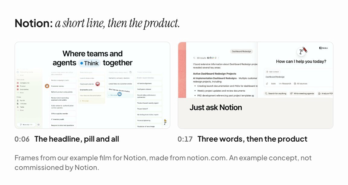 Two frames from the Notion example film: the headline at 0:06 and “Just ask Notion” over a cited answer at 0:17