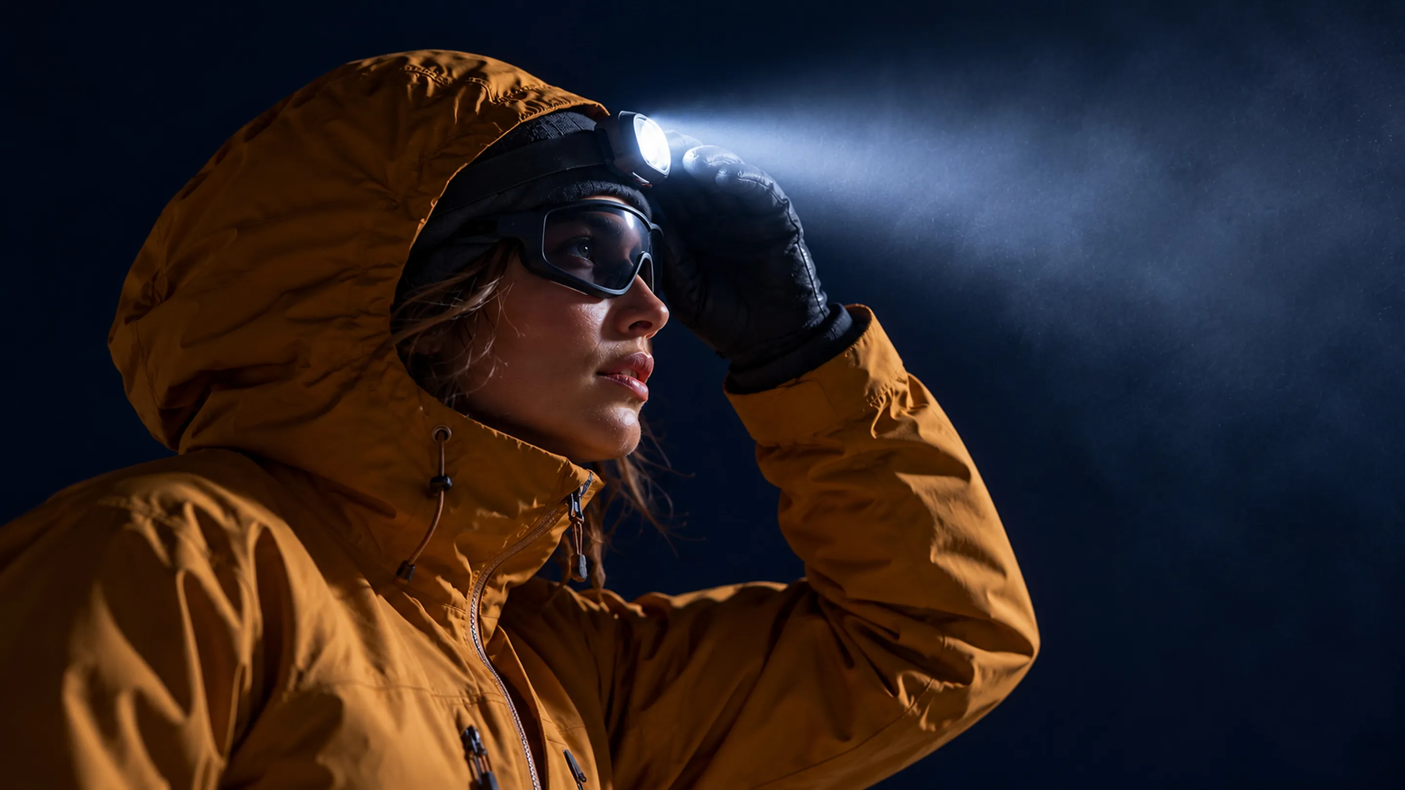 Woman in a hooded jacket and goggles shielding her eyes in the dark