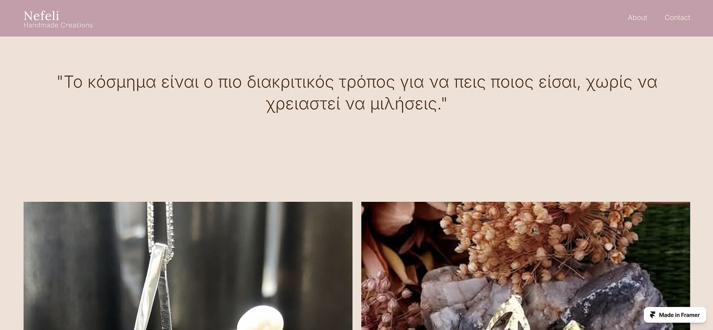 Η αρχική σελίδα του portfolio της Nefeli Handmade Creations, με ένα μοντέρνο ασημένιο βραχιόλι σε πρώτο πλάνο και λιτή, καλλιτεχνική αισθητική.