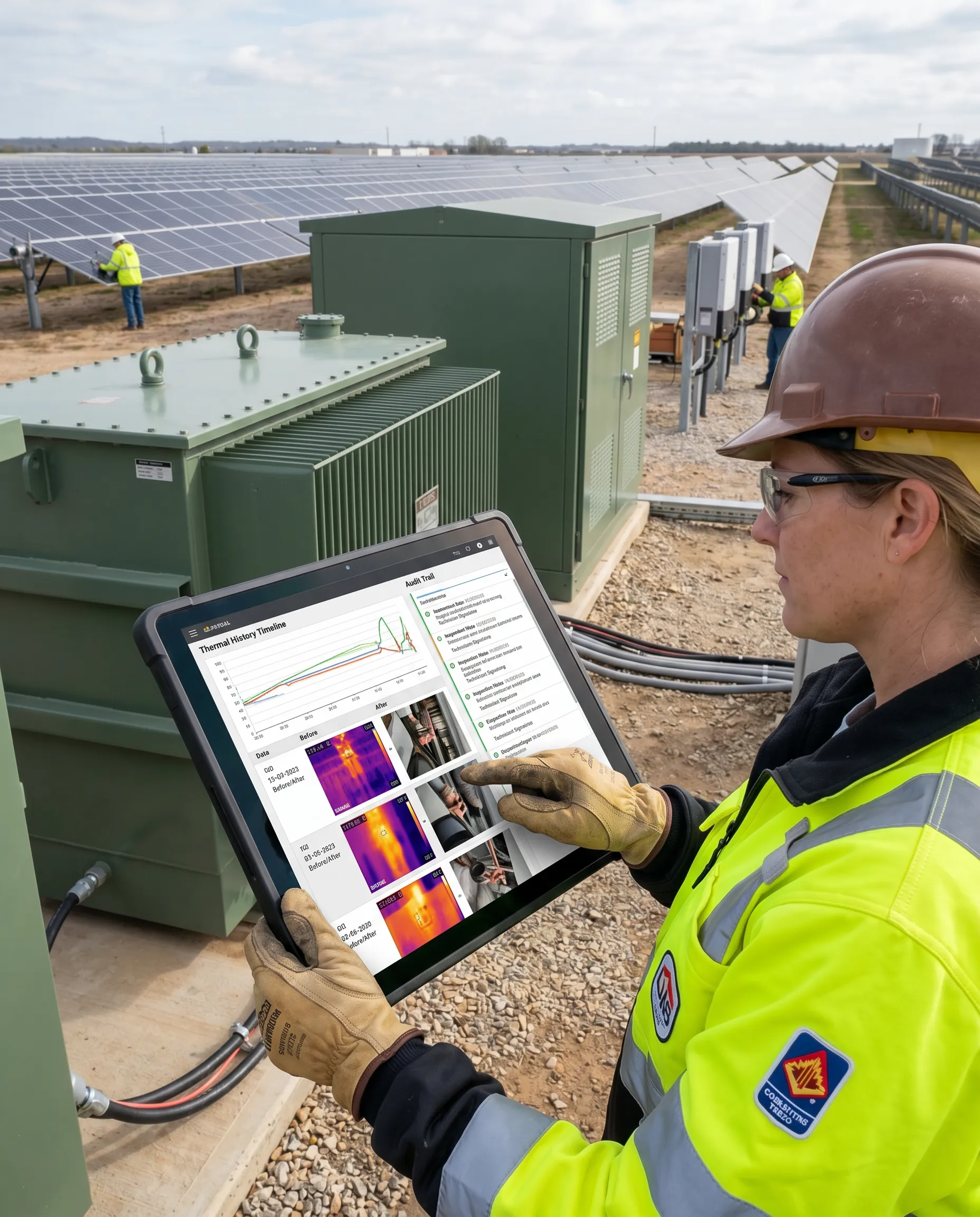 A woman works on a laptop displaying a global solar operations dashboard, seated at a desk in a bright office with solar panels visible outside the window.