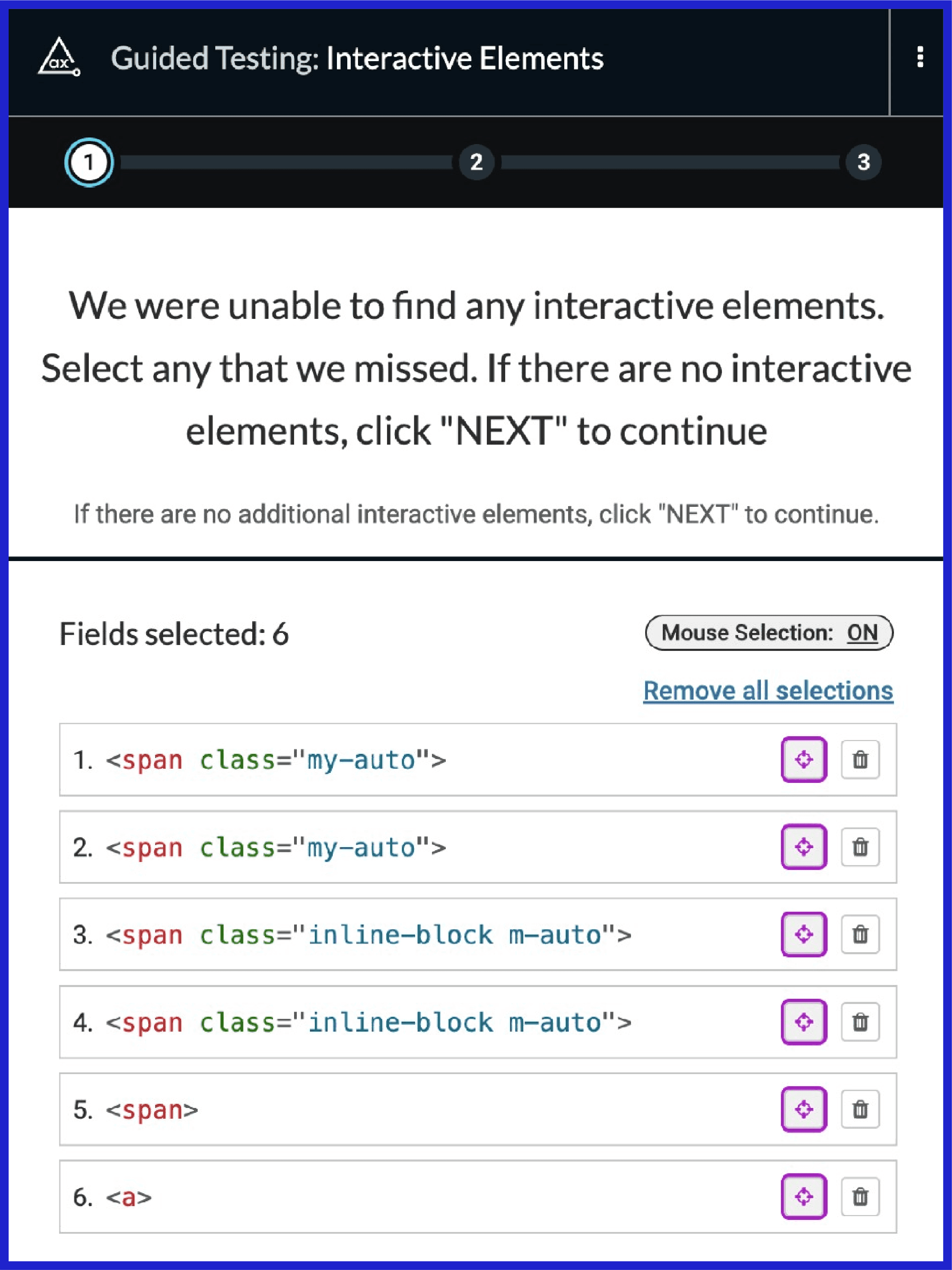 Screenshot from a test in axe devtools, testing the interactive of the website. It reads “We were unable to find any interactive elements”