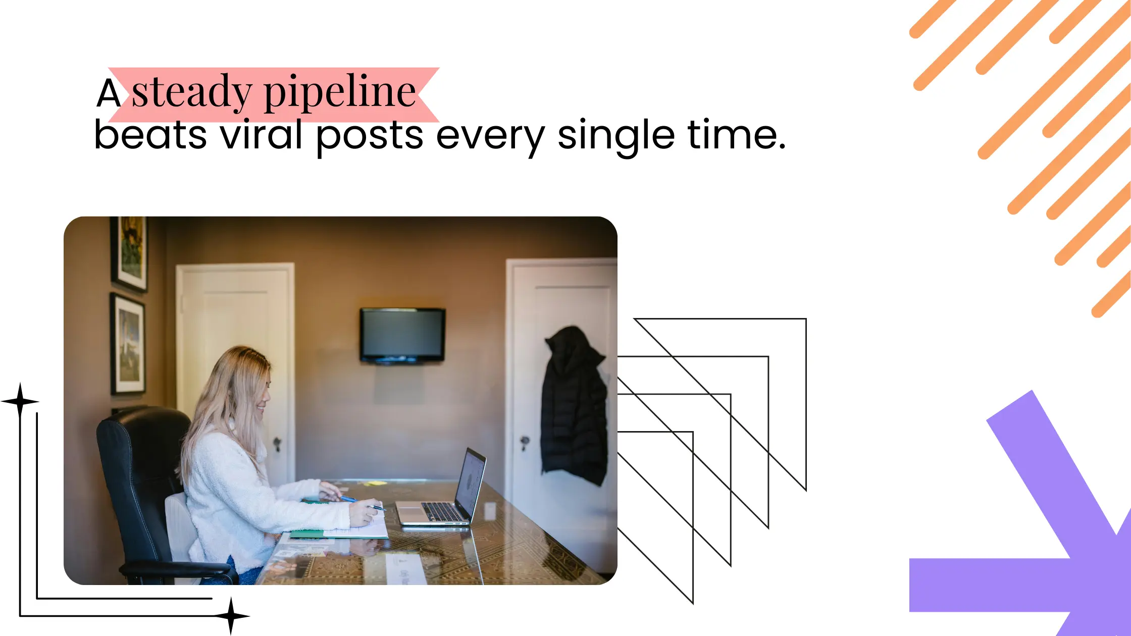 Coach working at a desk with a laptop in a home office, alongside text about building a steady client pipeline over viral posts.