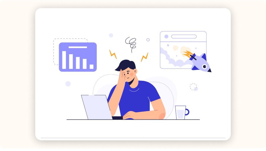 Stressed person analyzing declining data on laptop with growth uncertainty illustration&nbsp;