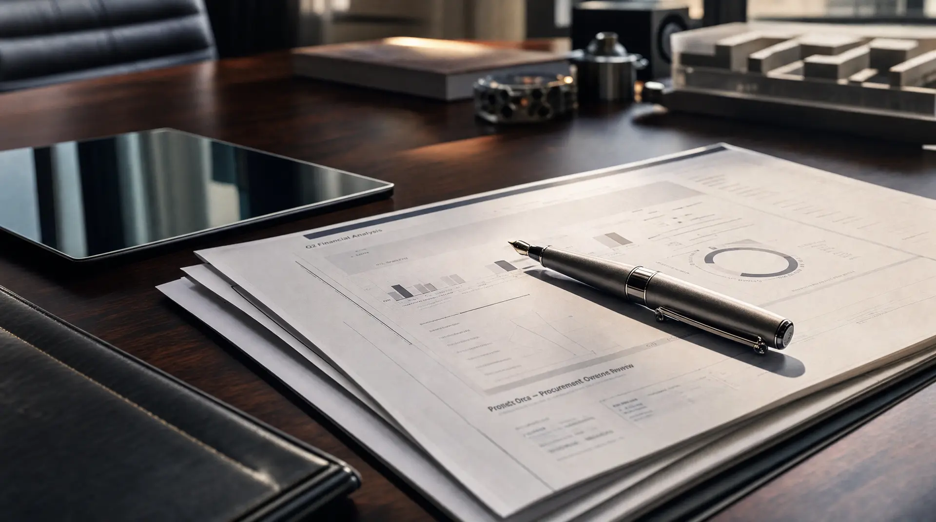 Printed O2 Financial Analysis charts with a pen and tablets on a meeting table, illustrating tech marketing strategy and marketing funnel planning.