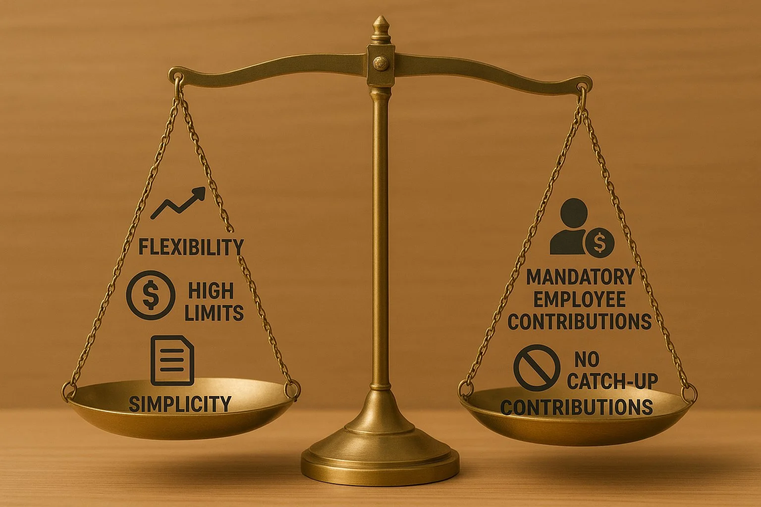 Balanced scale showing icons representing flexibility, high limits, and simplicity on one side, and mandatory employee contributions and no catch-up contributions on the other.