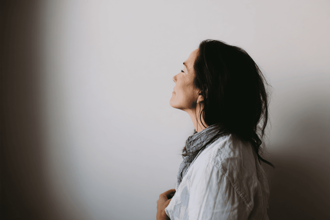 Photoshoot of woman wearing scarf looking relaxed