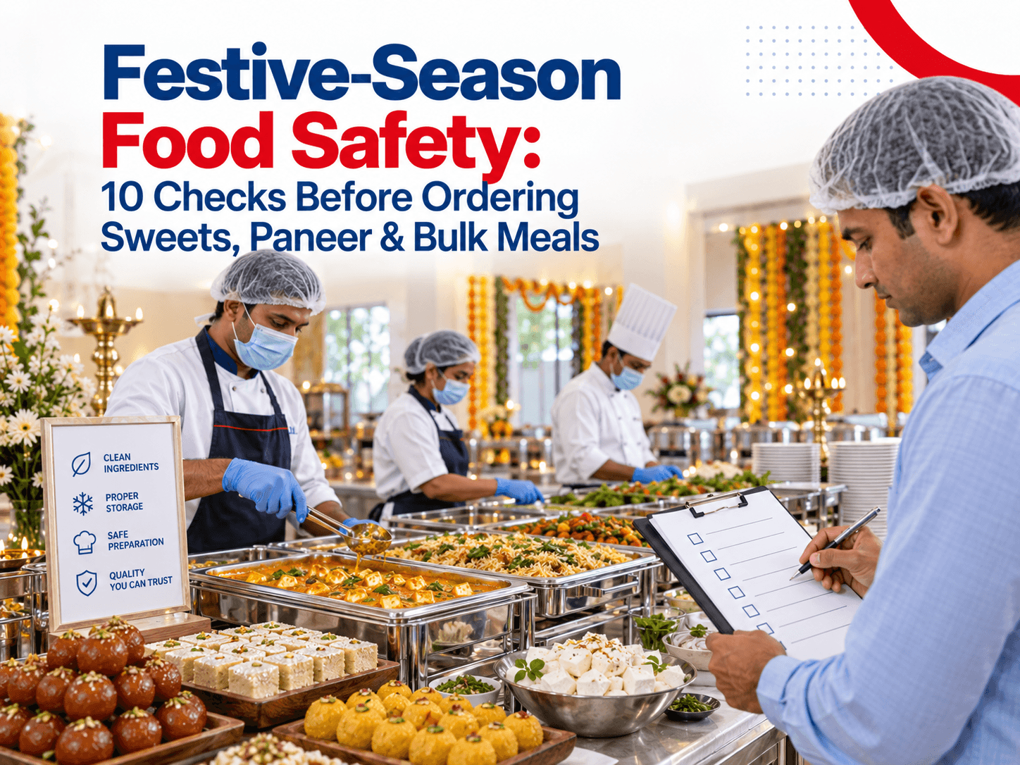 Illustration of festive-season food safety checks at a catered buffet