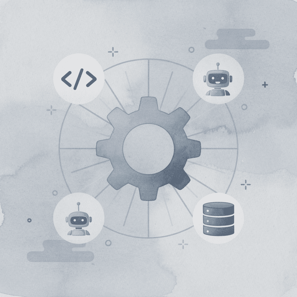 Icon hub showing Appian platform connecting process orchestration, low-code development, AI automation, and data integration