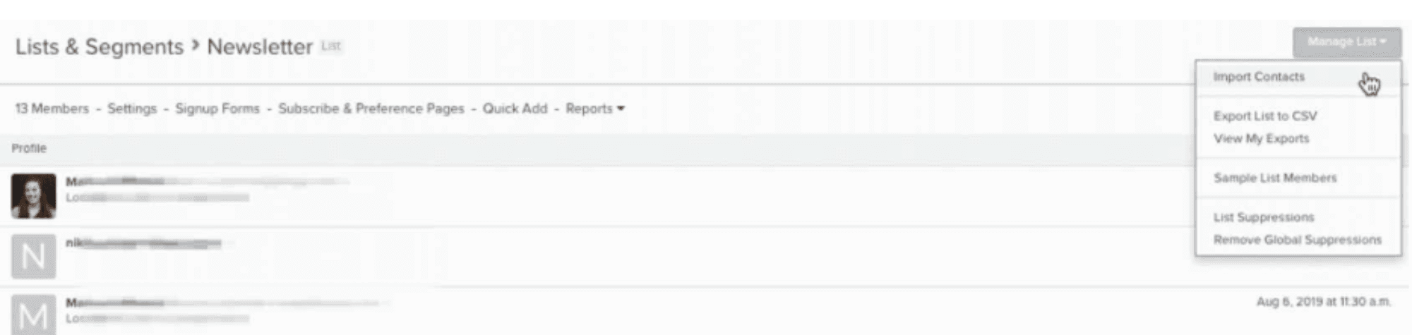 Import to Klaviyo.png  Alt text: "Klaviyo Lists & Segments view with 'Import Contacts' option selected under Manage List."