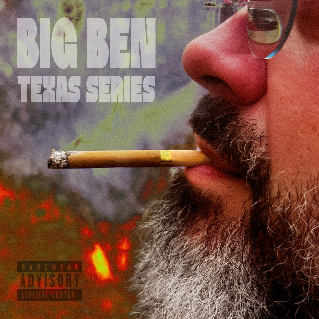 A person in a white pinstripe suit sitting in a vibrant field of orange flowers under a bright blue sky.