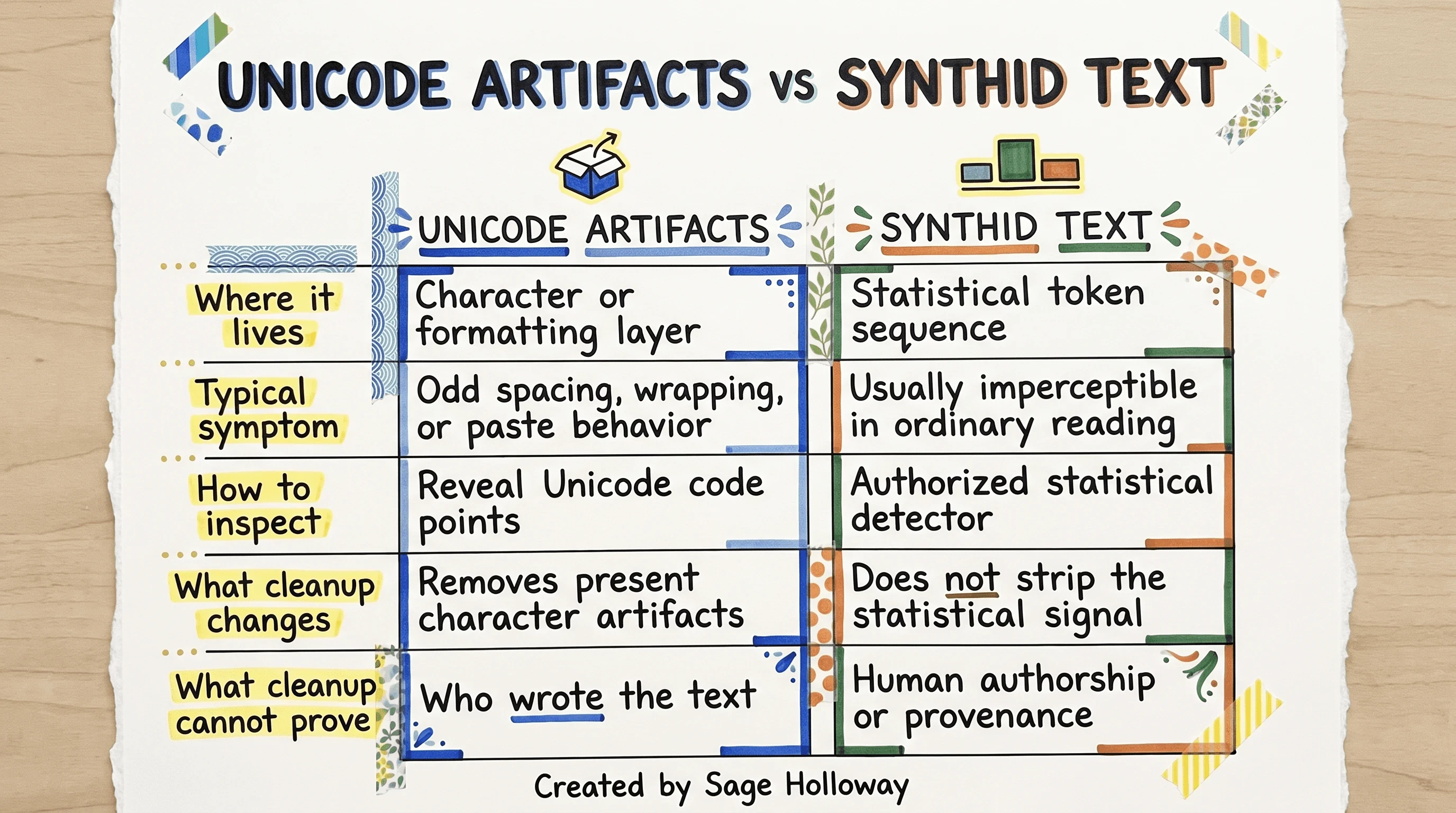 Comparison table of Unicode copy-paste artifacts versus SynthID Text