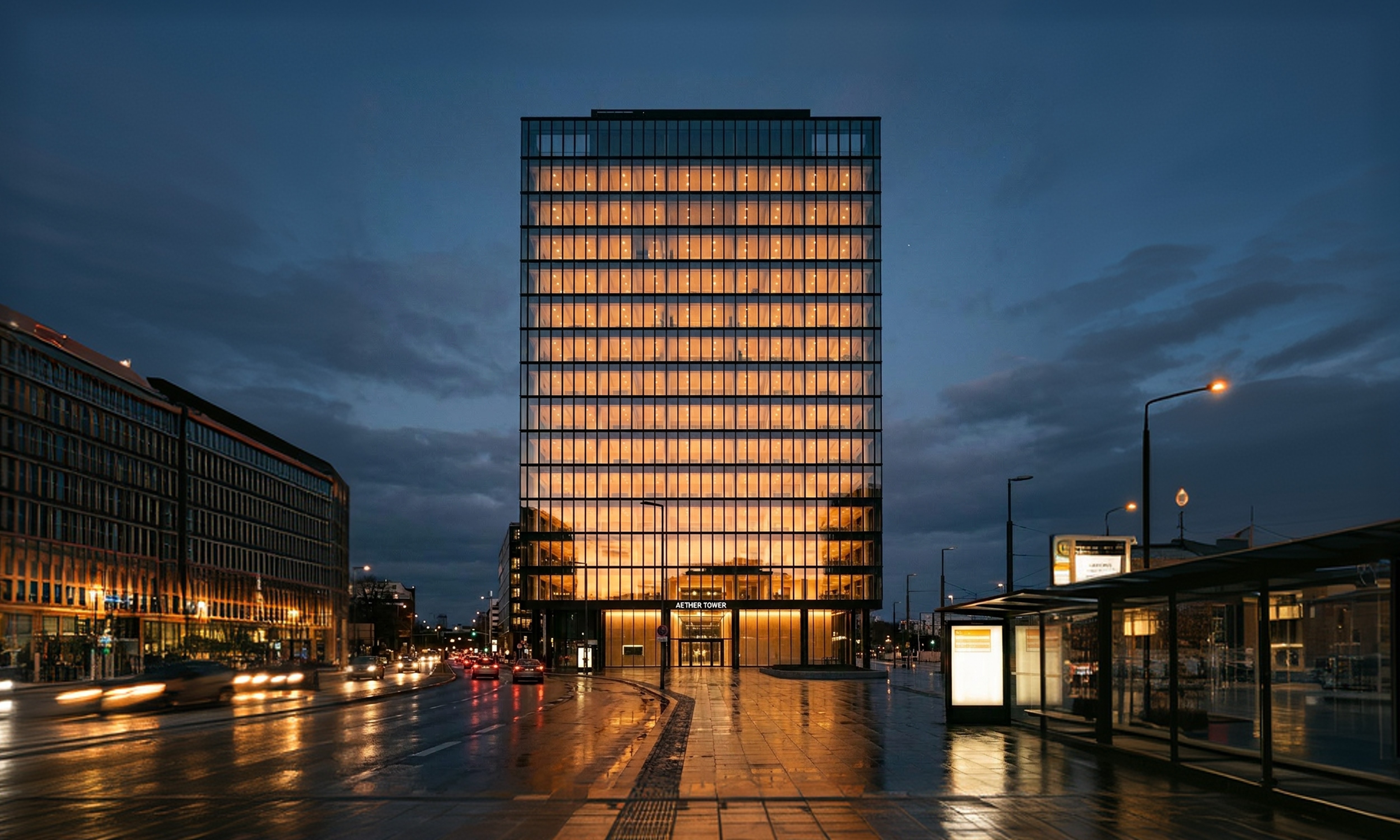 Exterior of Lichten Office HQ at dusk, a seven-storey glass curtain wall office building in Berlin-Mitte reflecting amber light