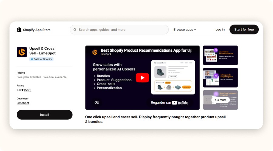 Shopify App Store listing for LimeSpot upsell and cross sell tool