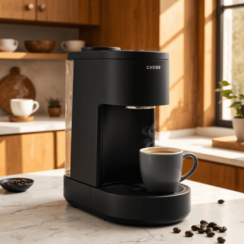 product photography of a black coffee maker with a cup holder