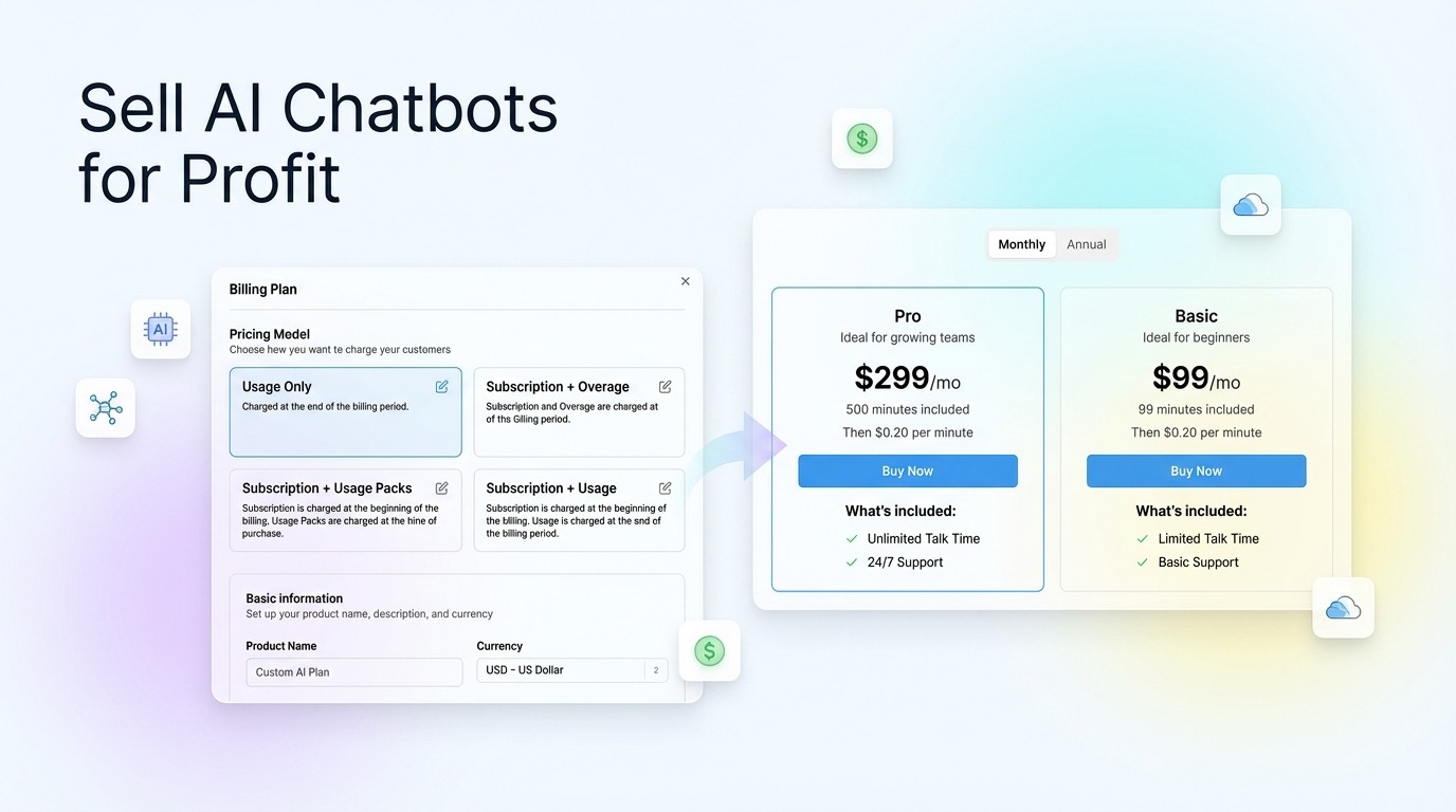 Sell AI chatbots for profit with custom pricing plans, markup control, and 100% revenue retention using Pro and Basic subscription billing. | VoiceAIWrapper