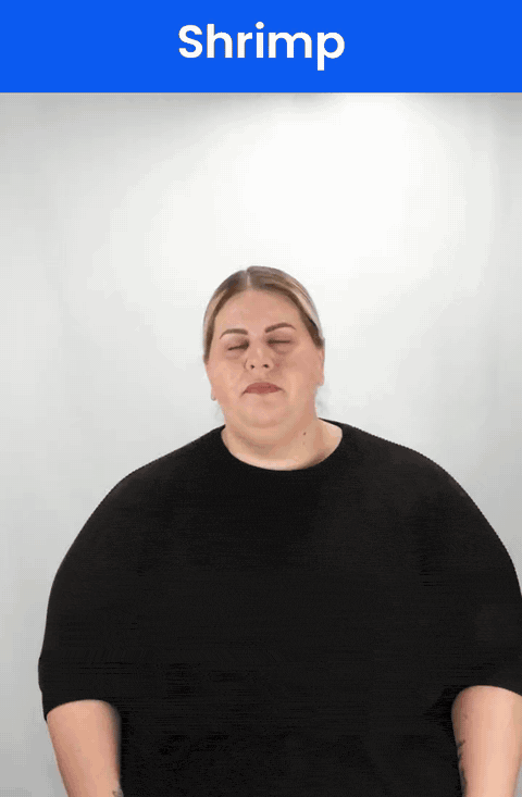 Animated GIF: a Deaf signer signs SHRIMP in ASL, an index finger that hooks and bends again as the hand moves across the body.
