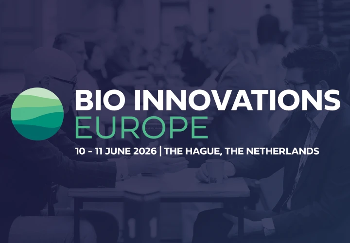Bio innovations europe logo with text and date, in the baground talking people