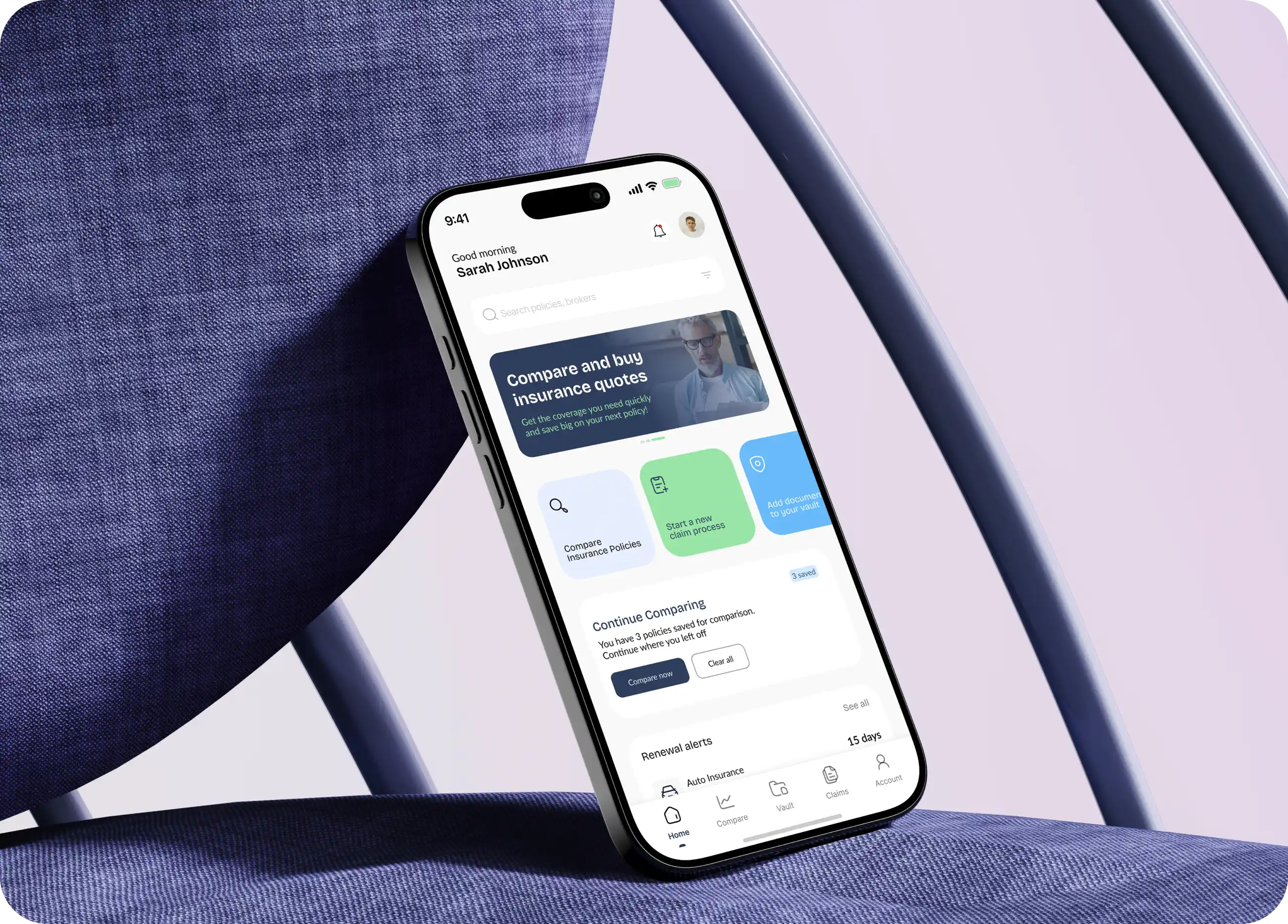 Mobile app interface for comparing and buying insurance quotes displayed on a smartphone.