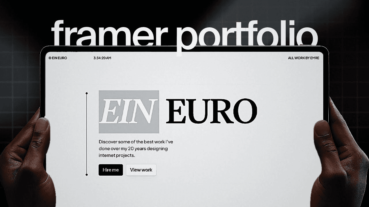 ⁠Framer portfolio website preview on tablet, hands holding