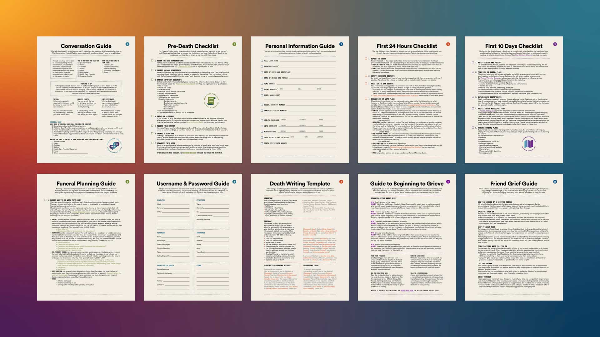 A grid of nine checklists and templates for funeral planning and grief support. Each item includes fields for personal information, funeral arrangements, and checklists for tasks like pre-death checklist, first 24-hour checklist, and first 10-day checklist. The templates are designed to help organize and document various aspects of the funeral and grief process.