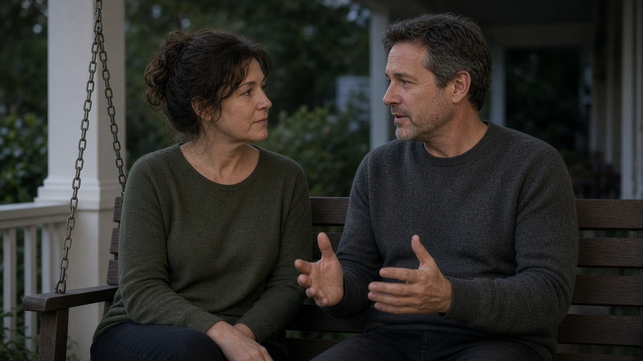 This image shows a middle-aged man and woman sitting on a wooden porch swing having an earnest discussion. The woman, with dark curly hair tied back, is wearing a green long-sleeved sweater and dark pants. The man, with short graying hair and a beard, is dressed in a dark gray sweater and dark pants. They appear to be deeply engaged in conversation, with the man gesturing with his hands while speaking. The setting is outdoors, on a porch surrounded by greenery, creating an intimate and private atmosphere. This image can be used to illustrate themes of communication, relationship counseling, or family discussions in a home environment.