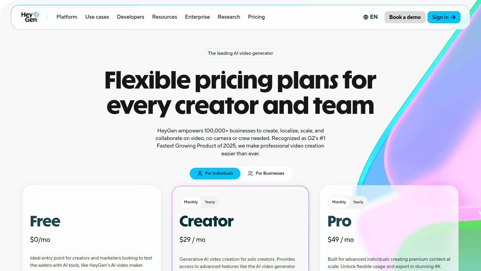 HeyGen pricing page showing subscription plans for individuals and businesses with monthly and yearly toggles.