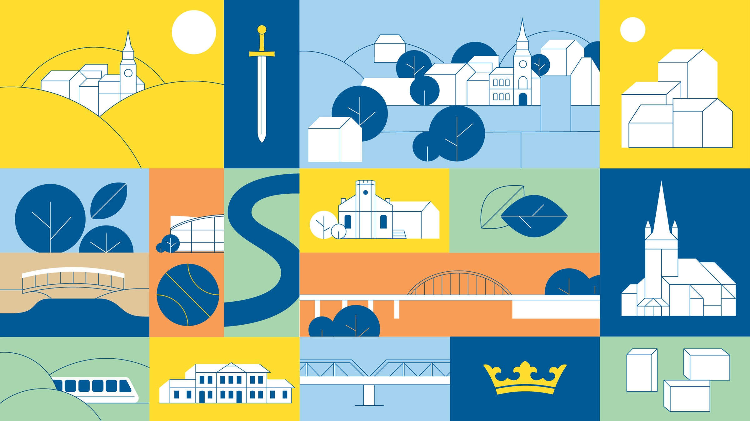 Mozaika kolorowych ilustracji: miasteczko na wzgórzach, kościoły, mosty, pociąg, drzewa, miecz, korona i rzeka w kształcie litery S