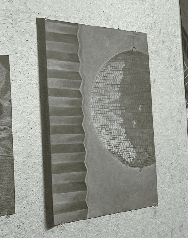 Charcoal drawing of a disco ball