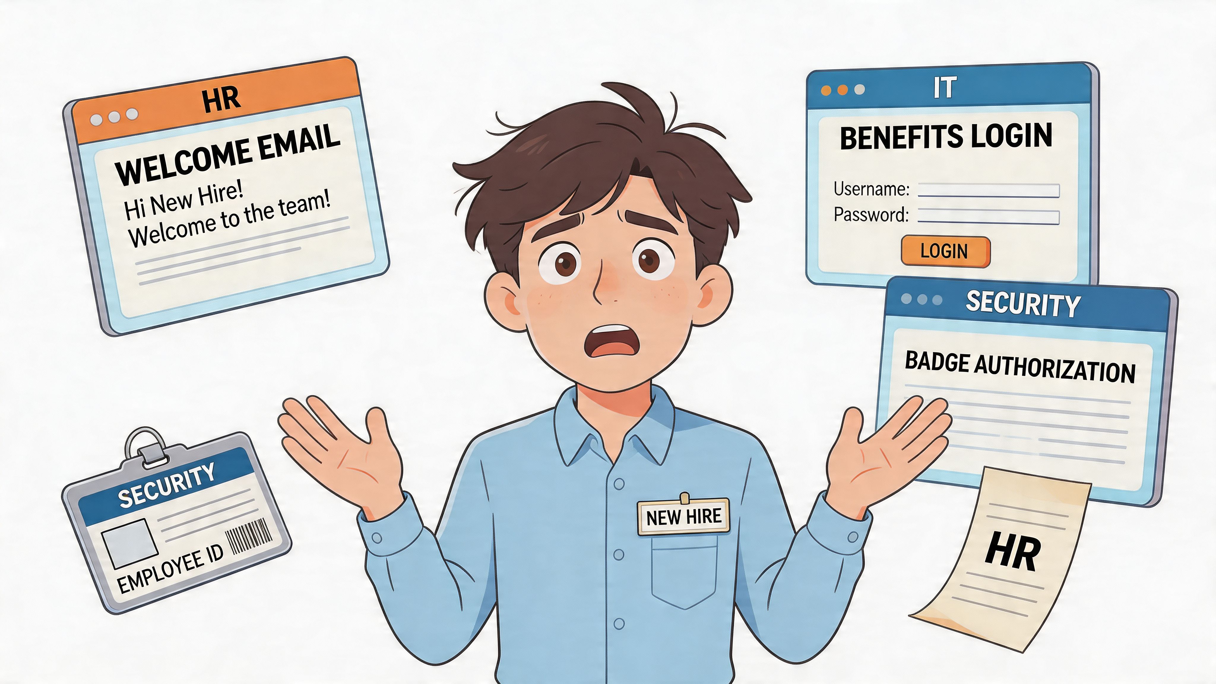 A confused new hire employee overwhelmed by multiple HR, IT, and security documentation windows and tasks.