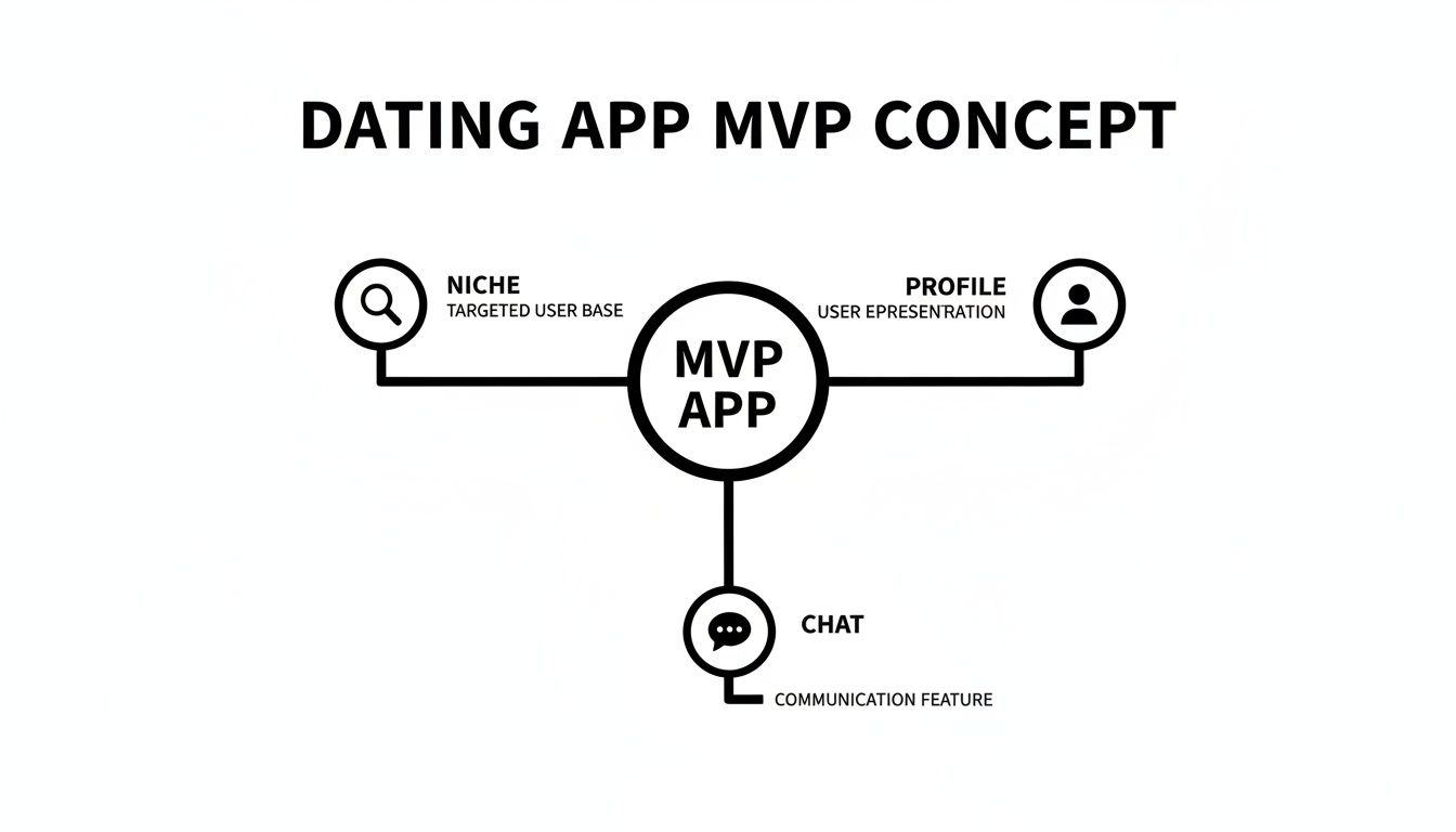 A diagram illustrating the Dating App MVP concept with essential features: Niche, Profile, and Chat.